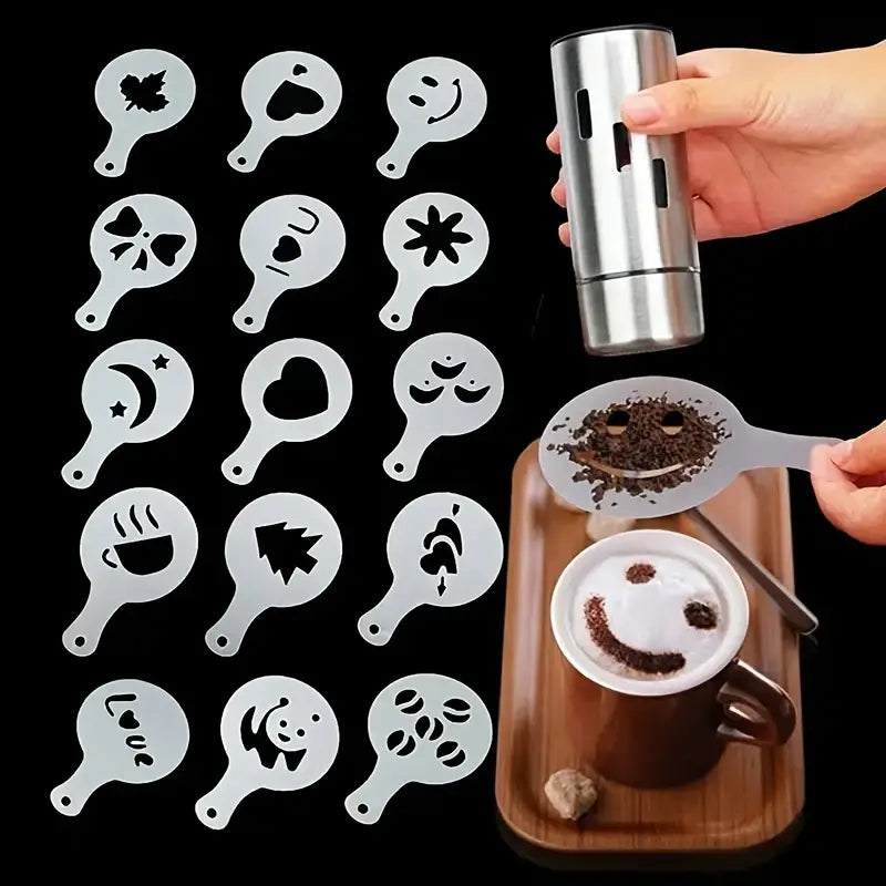 16pcs Coffee Latte Molds Cappuccino Coffee Art Stencils Template Strew Flowers Pad