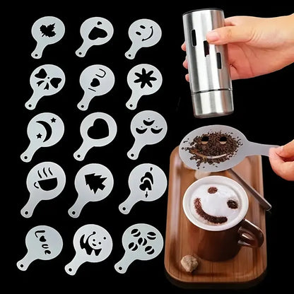 16pcs Coffee Latte Molds Cappuccino Coffee Art Stencils Template Strew Flowers Pad