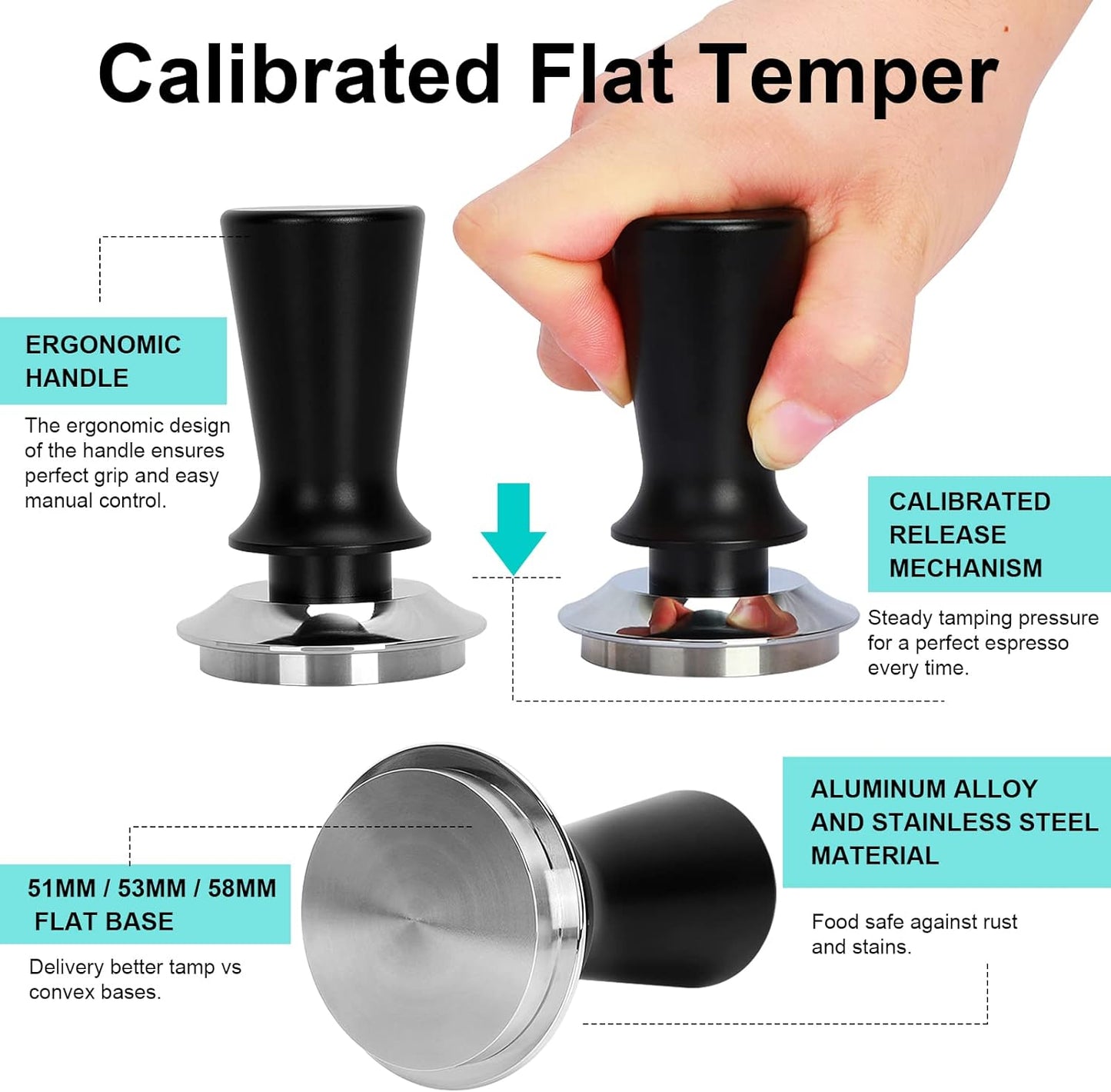 Coffee Tamper Push, Flat Base Ergonomic Design Stainless Steel Professional Barista Spring