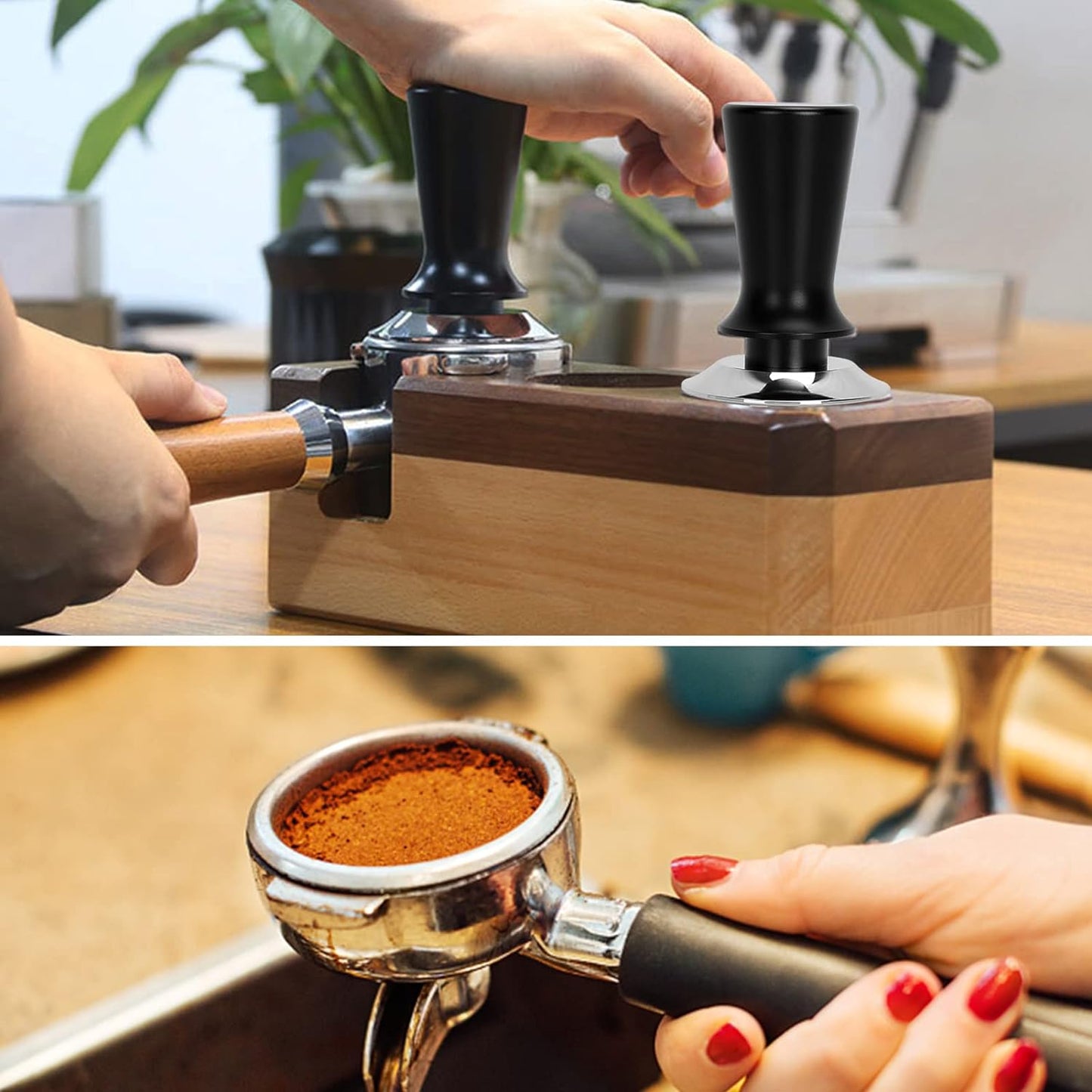 Coffee Tamper Push, Flat Base Ergonomic Design Stainless Steel Professional Barista Spring