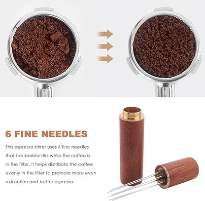 Espresso Coffee Stirrer Tool Stainless Steel 5 Needles Come With Wooden Handle and Stand Coffee Powder Distribution Tool