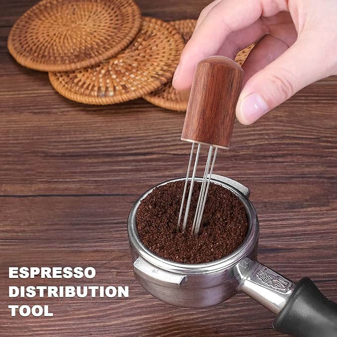 Espresso Coffee Stirrer Tool Stainless Steel 5 Needles Come With Wooden Handle and Stand Coffee Powder Distribution Tool