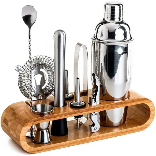 Premium Bartender Kit -Stainless Steel Cocktail Shaker Set with Bamboo Stand